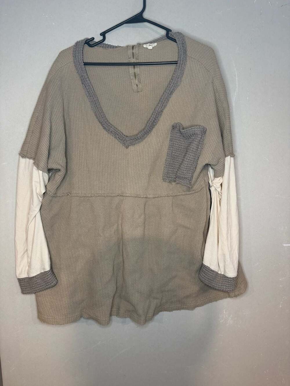POL Boho Patchwork Waffle Knit V-Neck Tunic Long Sleeve Top